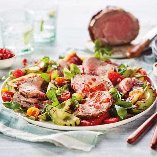 Ribeye Roast with grilled avocado salad