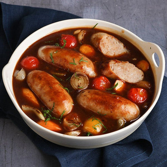 Sausages with Red Wine, Onions and Sun-dried Tomatoes