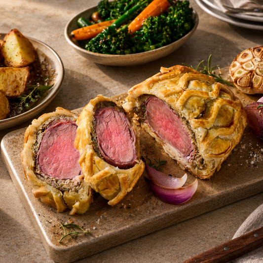 A plated beef Wellington dish with two slices cut open, showing pinked beef and pastry, served on a stone platter with roasted potatoes, broccoli, carrots, garlic, and red onion in a warm dining setting.