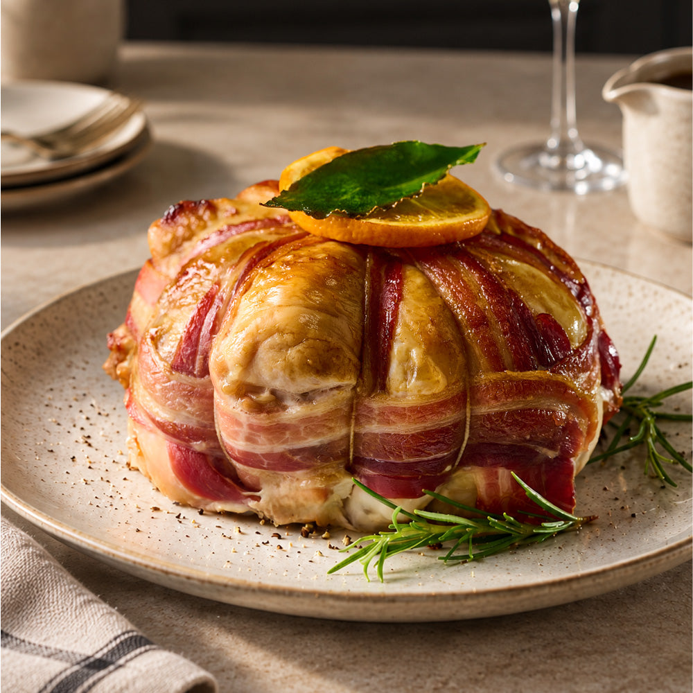 Bacon-wrapped Chicken Cushion with pork & apricot stuffing