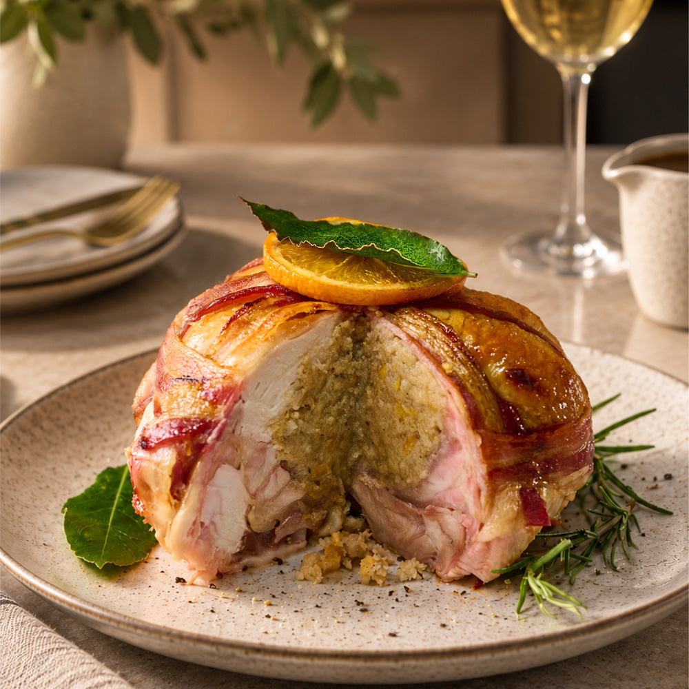 Bacon-wrapped Chicken Cushion with pork & apricot stuffing